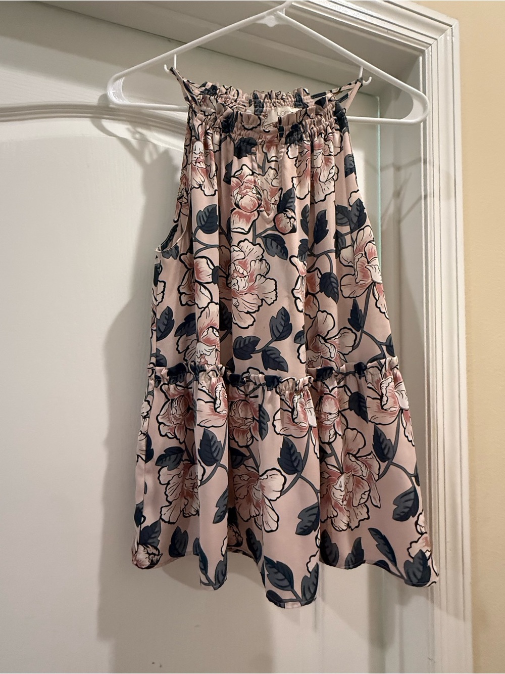 LOFT Pink and Navy Floral Smocked Halter Sleeveless Blouse